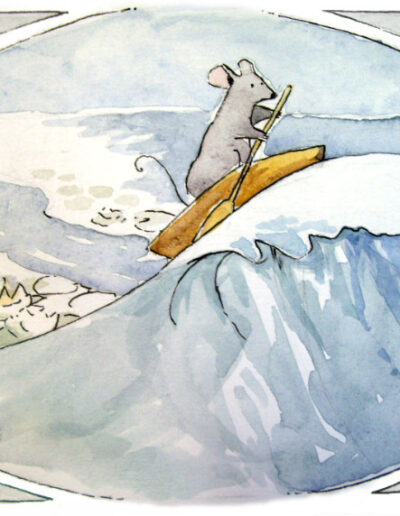 Reepicheep in his coracle cresting a wave